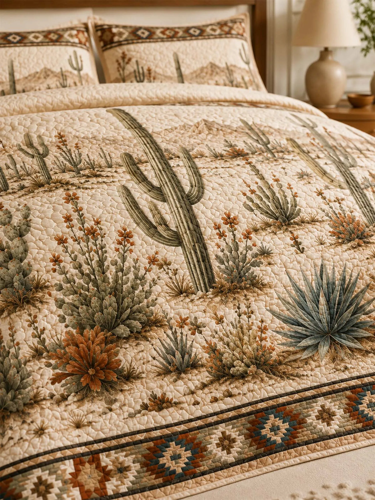 Desert Cactus Quilted 3-Piece Bedding Set – Natural Farmhouse Quilted Bedding with Matching Pillow Shams