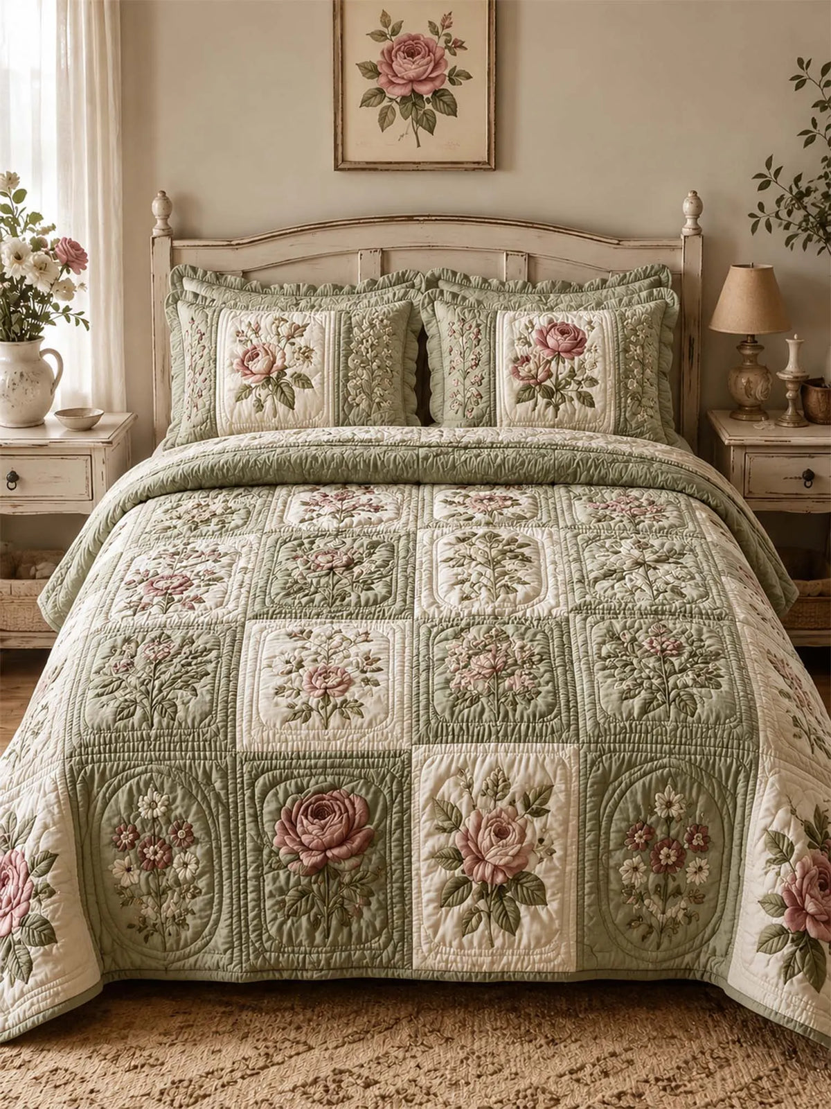 Cottagecore Floral 3-Piece Quilted Bedding Set
