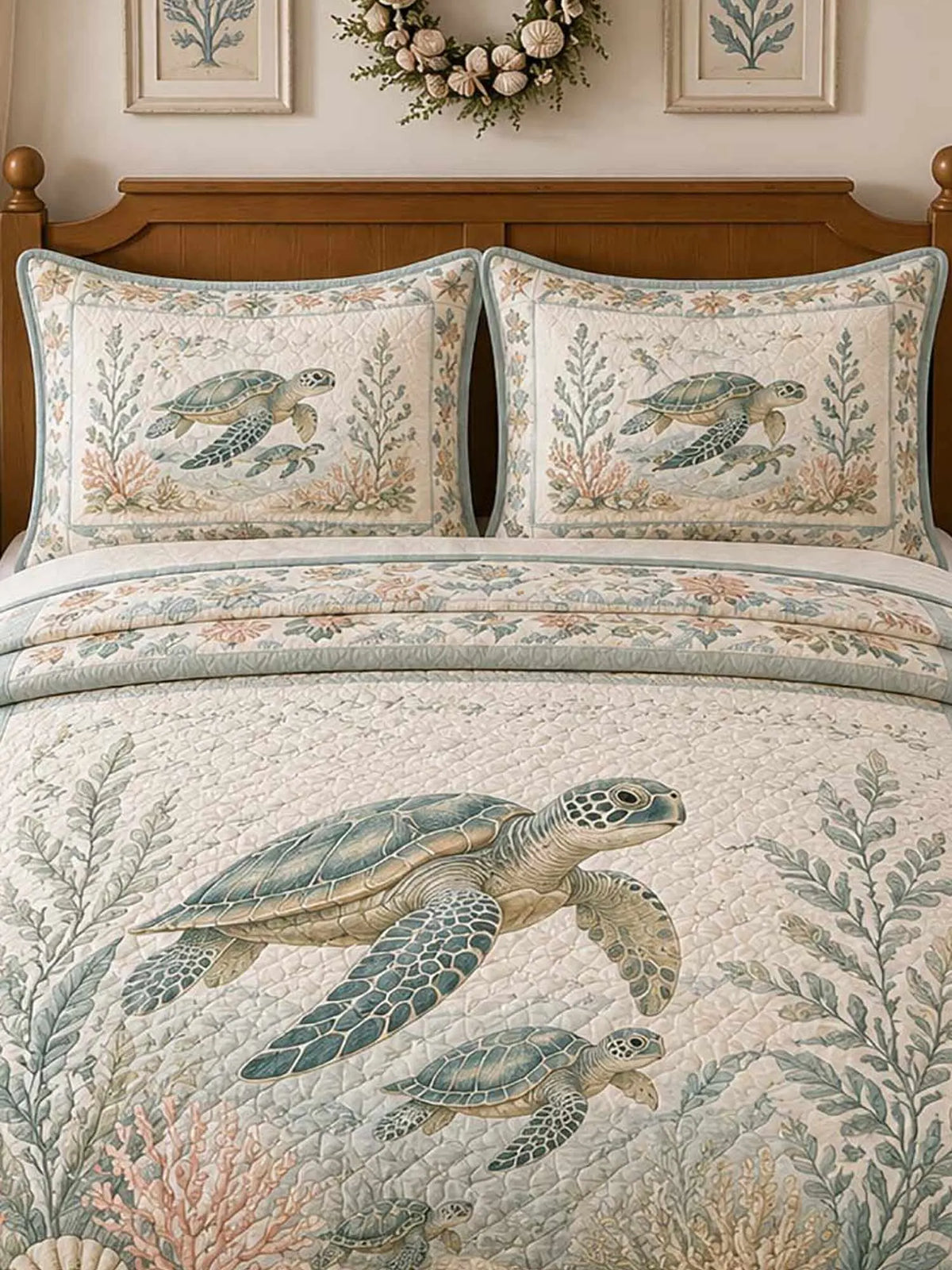Vintage Nautical Ocean Turtle Seagrass Floral 3‐Piece Quilted Bedding Set
