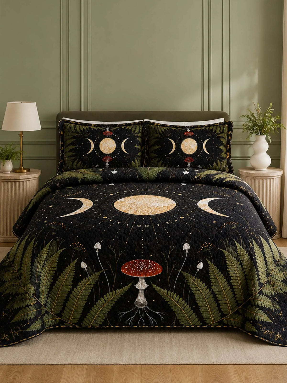 Moonlit Mushroom Forest Quilted 3-Piece Bedding Set – Dark Botanical Quilted Bedding With Matching Pillow Shams