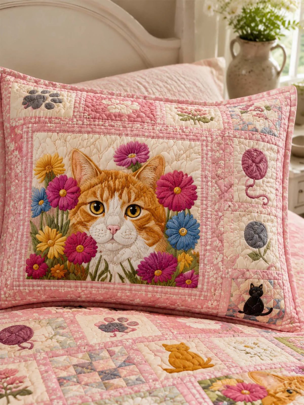 Floral Cat Portrait Quilted 3-Piece Bedding Set